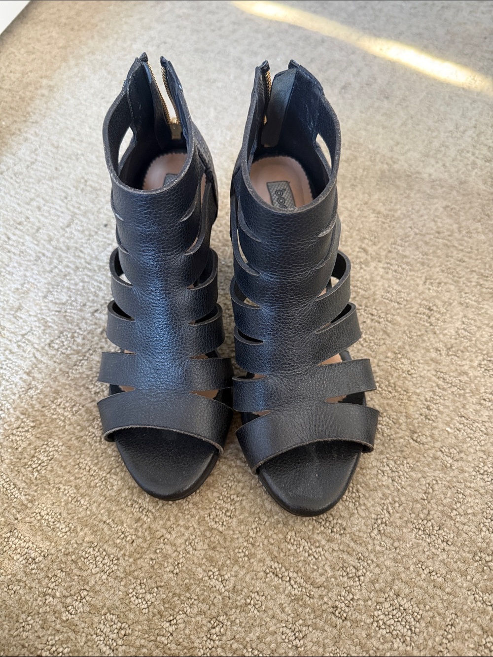 Black Strappy Open-Toe Heeled Real Leather Sandals